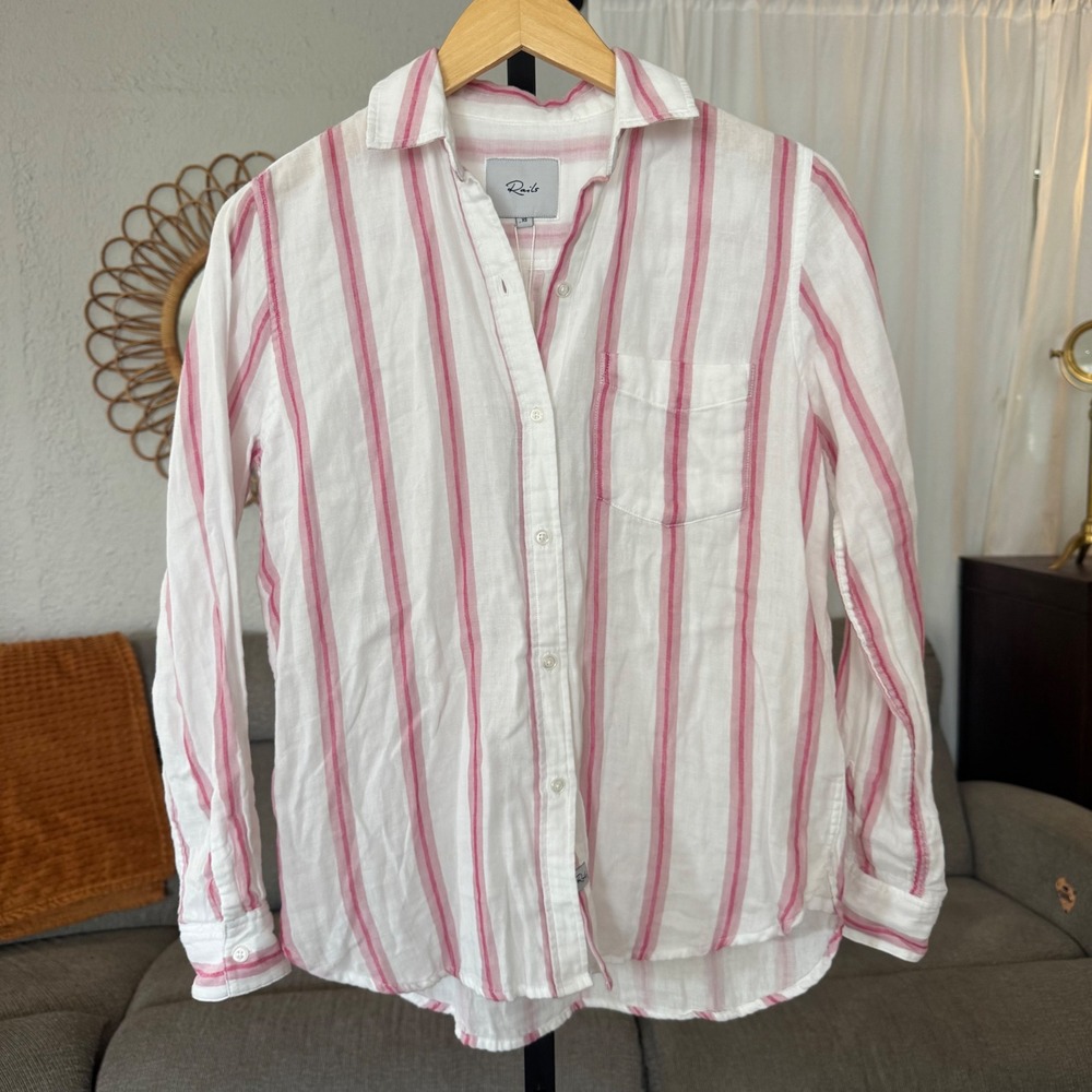 Rails NWT Reagan Flannel Shirt XS White Pink Button Down 100% Cotton Top